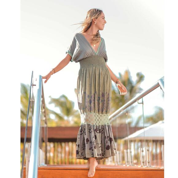 Floral Green Maxi Dress by T. ZOVICH Mixed Media Smocked Waist Crochet Trim - Picture 11 of 12